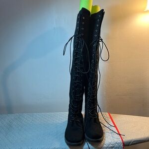 Black Lace-Up Knee-High Boots.  Size:  9.5
